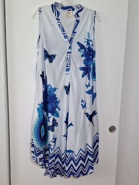 White Dress Beach Coverup Pool Coverup with Blue Floral & Bird Print